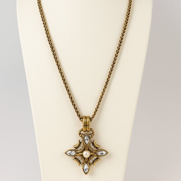 David Grau Signed Gold-Tone Necklace with Pearl & Crystal Pendant 42” - Picture 1 of 12